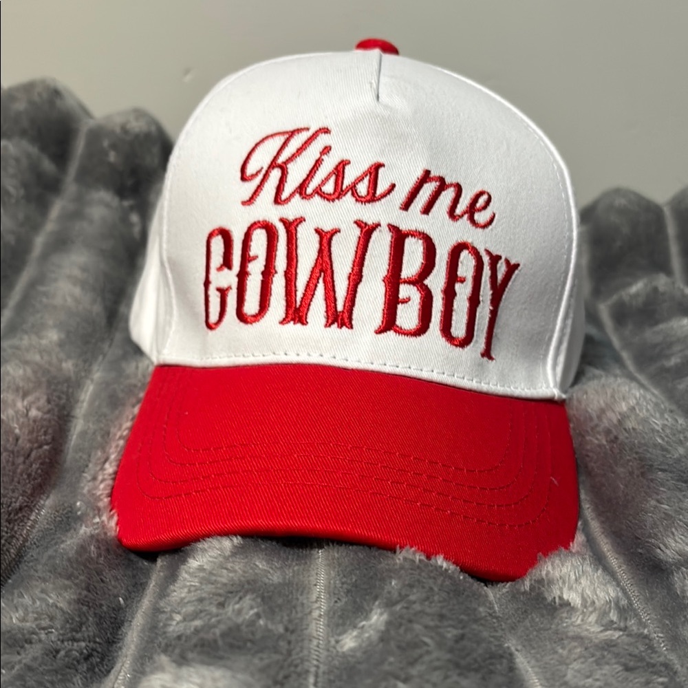 Red and White Kiss Me Cowboy Hat